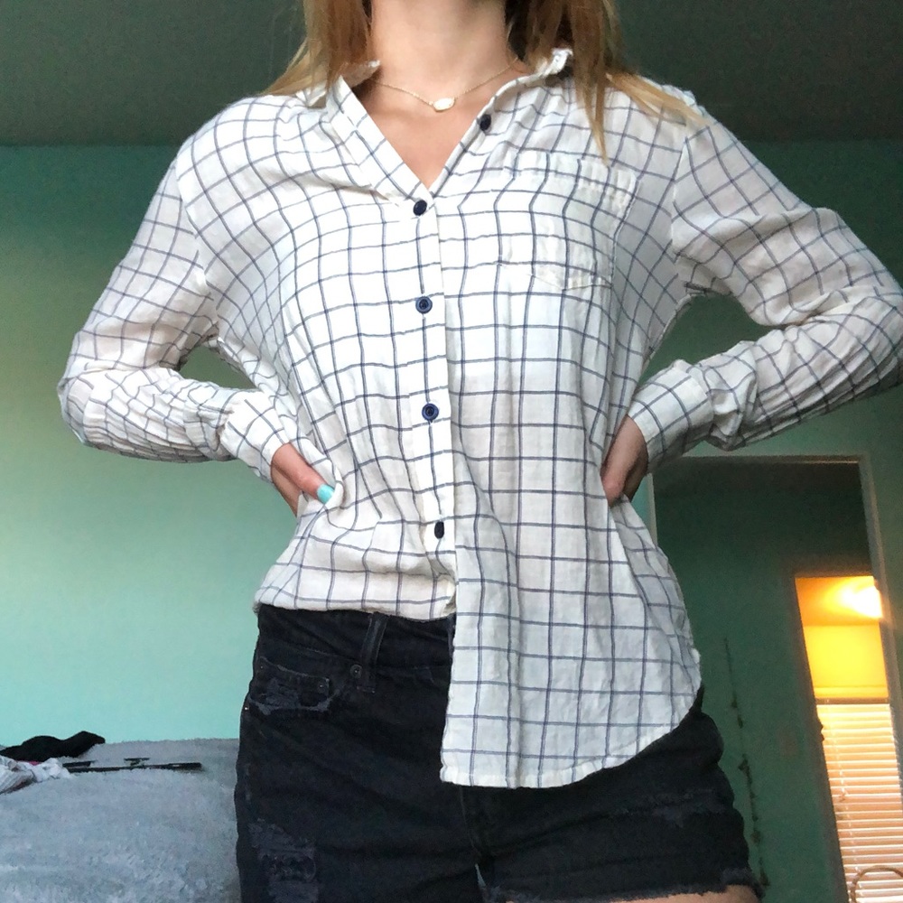 White and navy plaid dress shirt